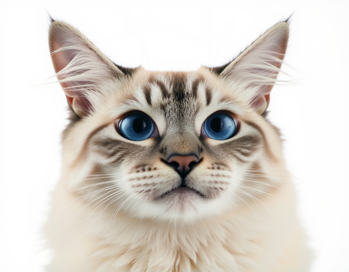 Close-up portrait of cat on a white background, with its alert expression and intricate details of its fur and whiskers in sharp focus.